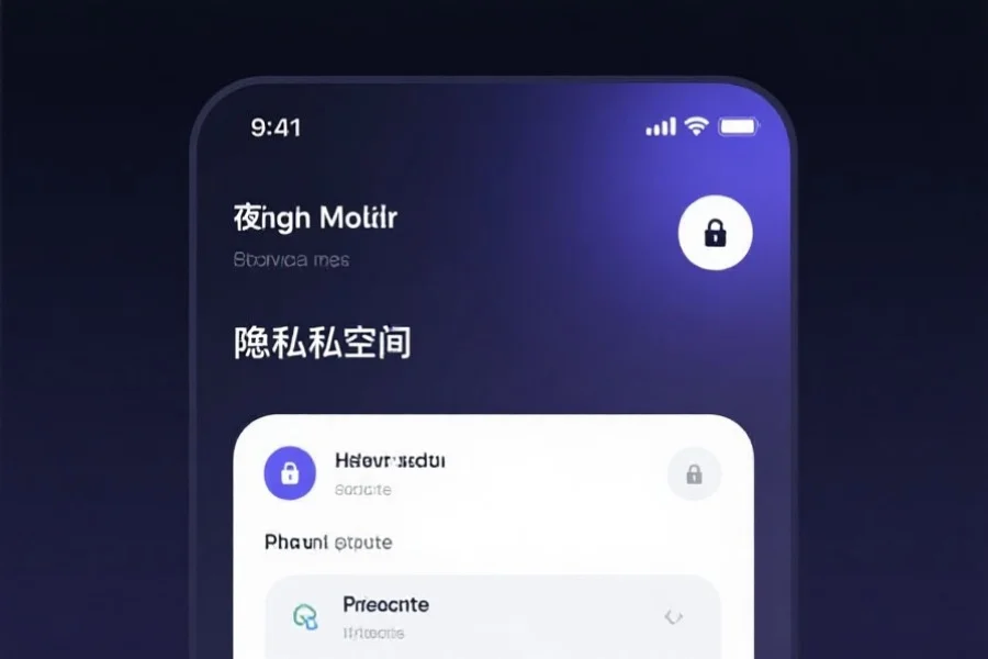 APP界面展示夜间模式与隐私空间功能，屏幕色调柔和，侧边有锁定图标